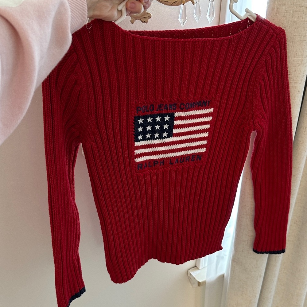 Ralph Lauren Red Crew Neck Sweater with Flag Design